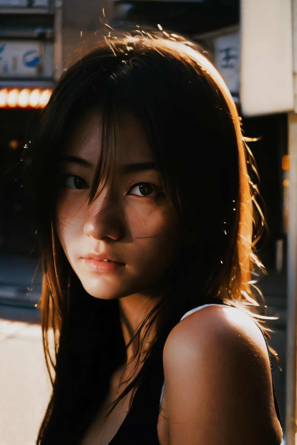 realistic,portrait,sunlight,shadow,japaness,sexy,girl,messy hair,light,outdoor,detailed,real skin,lightshapes,anime,masterpiece