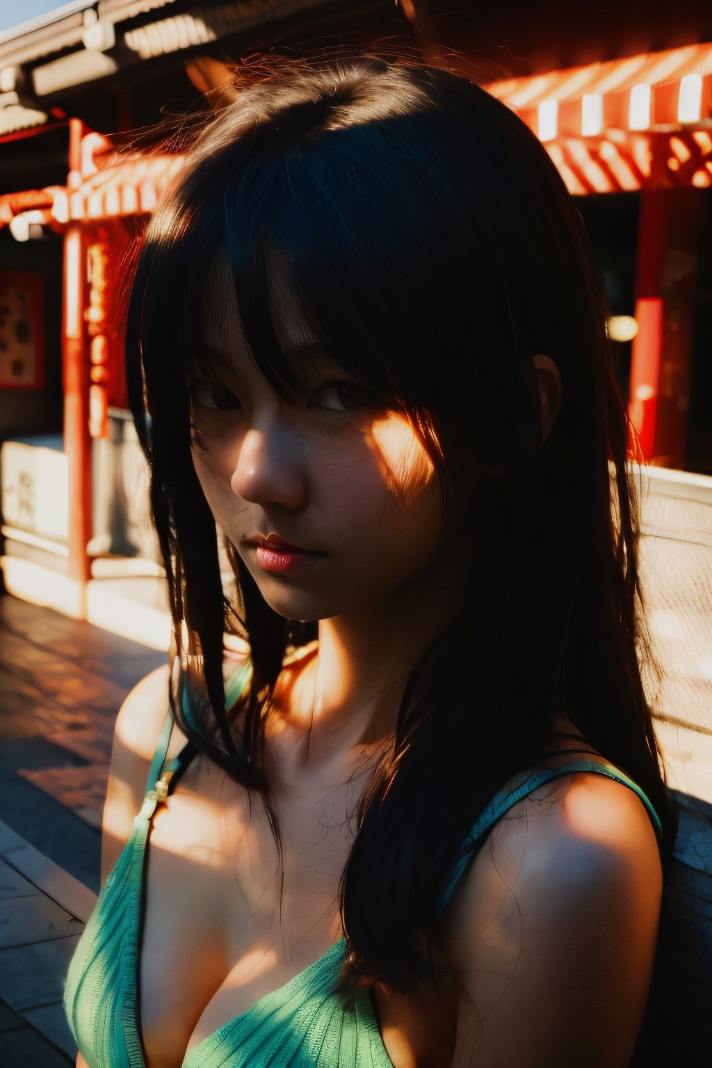 realistic,portrait,sunlight,shadow,japaness,sexy,girl,messy hair,light,outdoor,detailed,real skin,lightshapes,anime,masterpiece