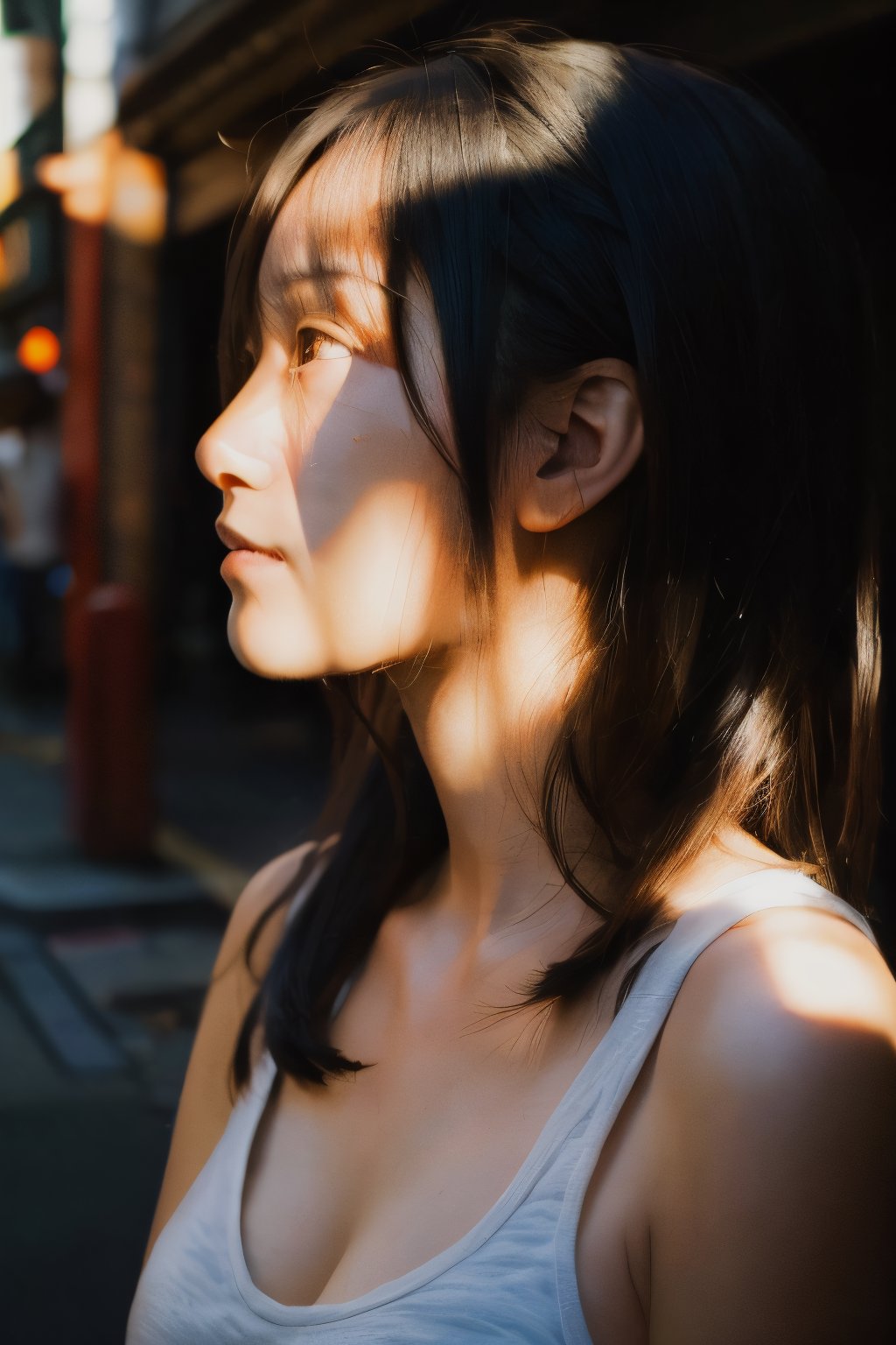 realistic,portrait,sunlight,shadow,japaness,sexy,girl,messy hair,light,outdoor,detailed,real skin,lightshapes,anime,masterpiece