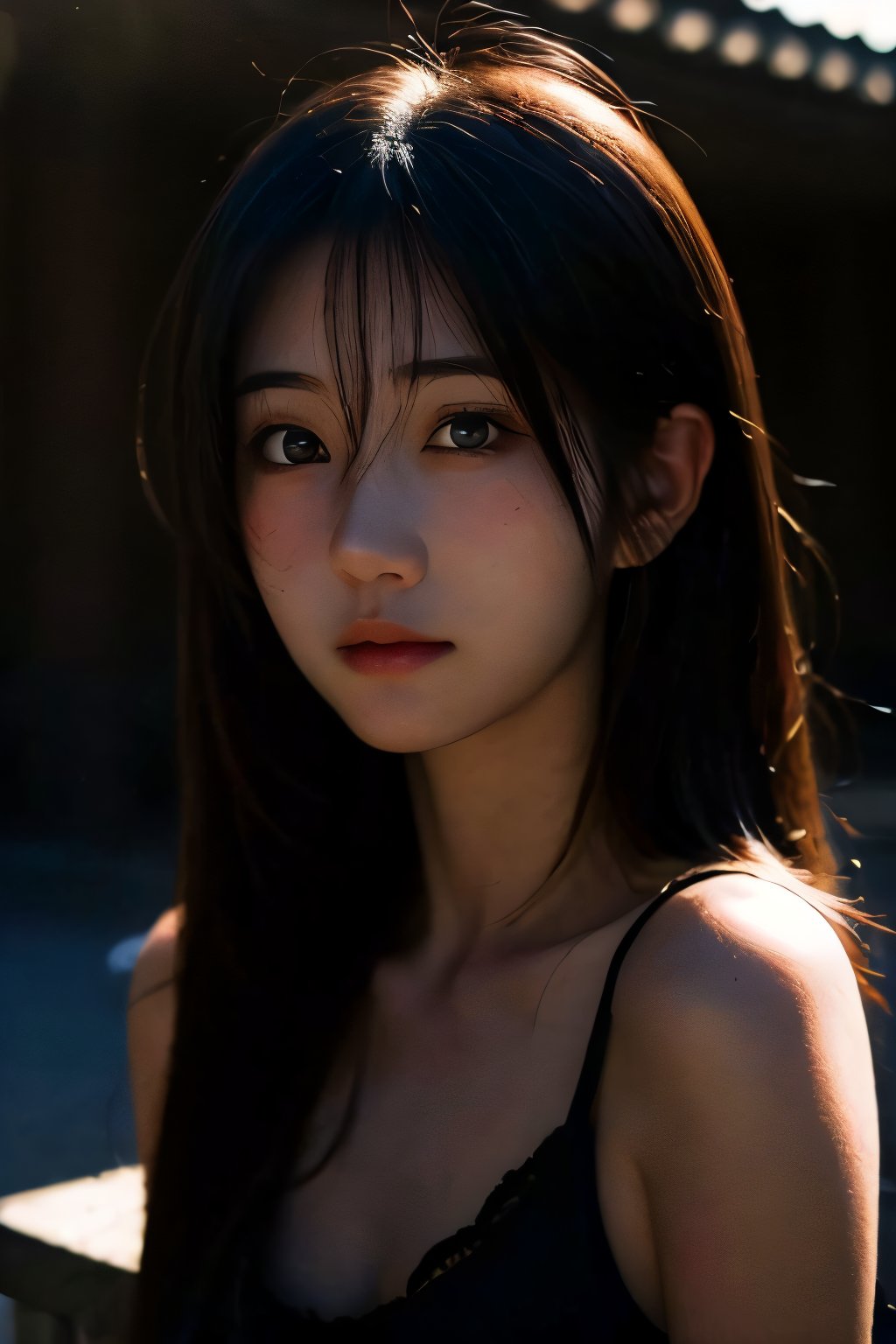 realistic,portrait,sunlight,shadow,japaness,sexy,girl,messy hair,light,outdoor,detailed,real skin,lightshapes,anime,masterpiece,korean girls