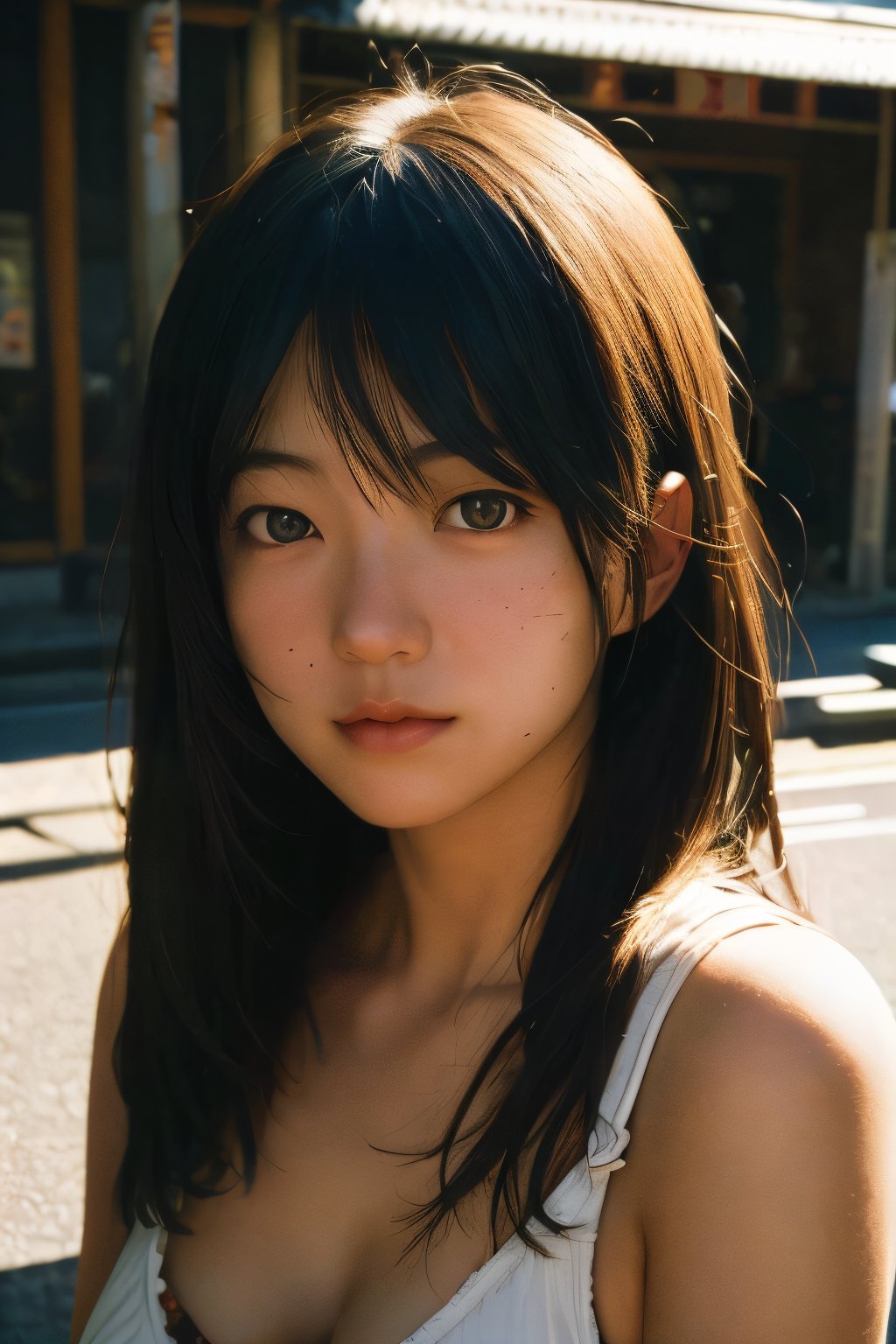 realistic,portrait,sunlight,shadow,japaness,sexy,girl,messy hair,light,outdoor,detailed,real skin,lightshapes,anime,masterpiece