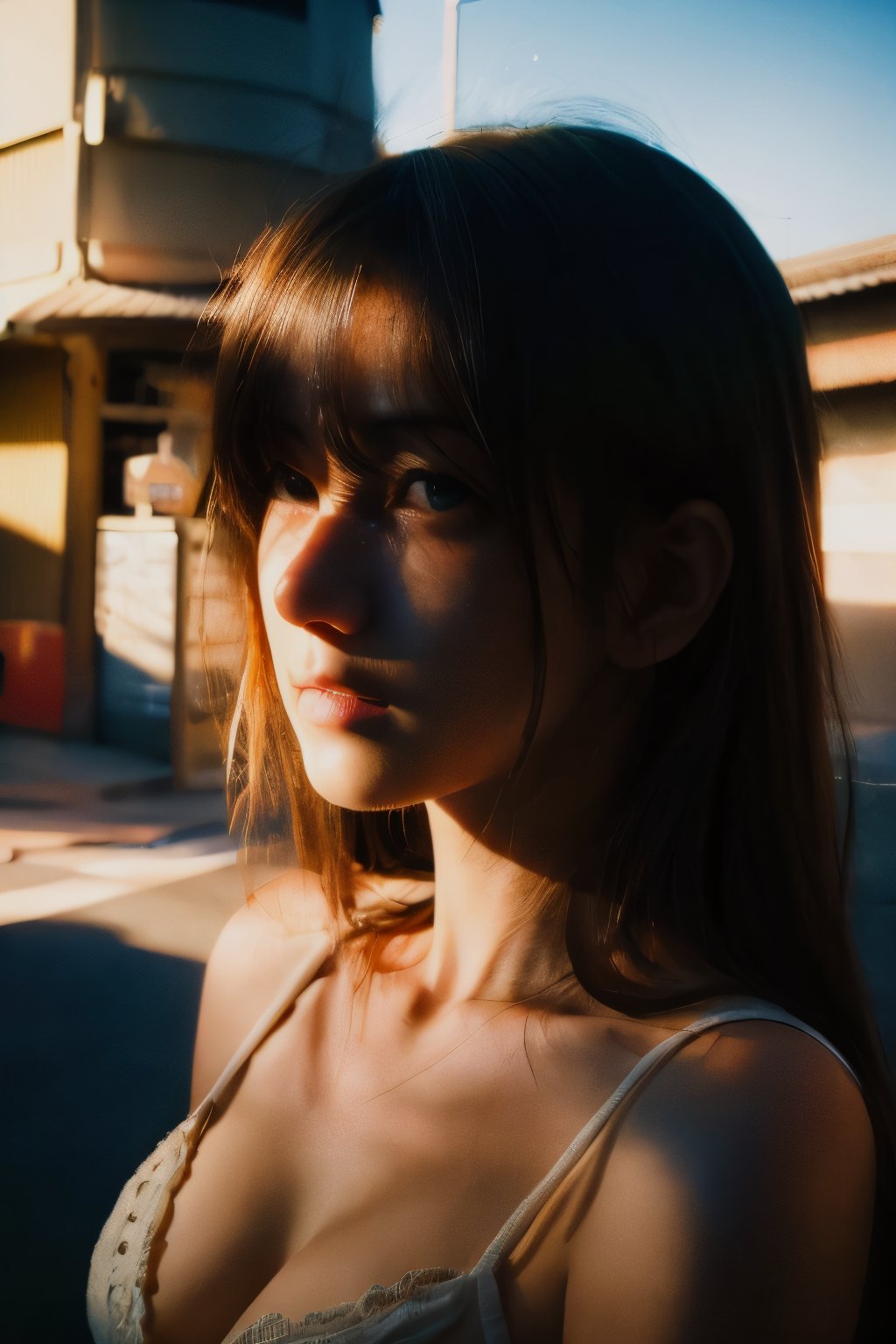 realistic,portrait,sunlight,shadow,japaness,sexy,girl,messy hair,light,outdoor,detailed,real skin,lightshapes,anime,masterpiece