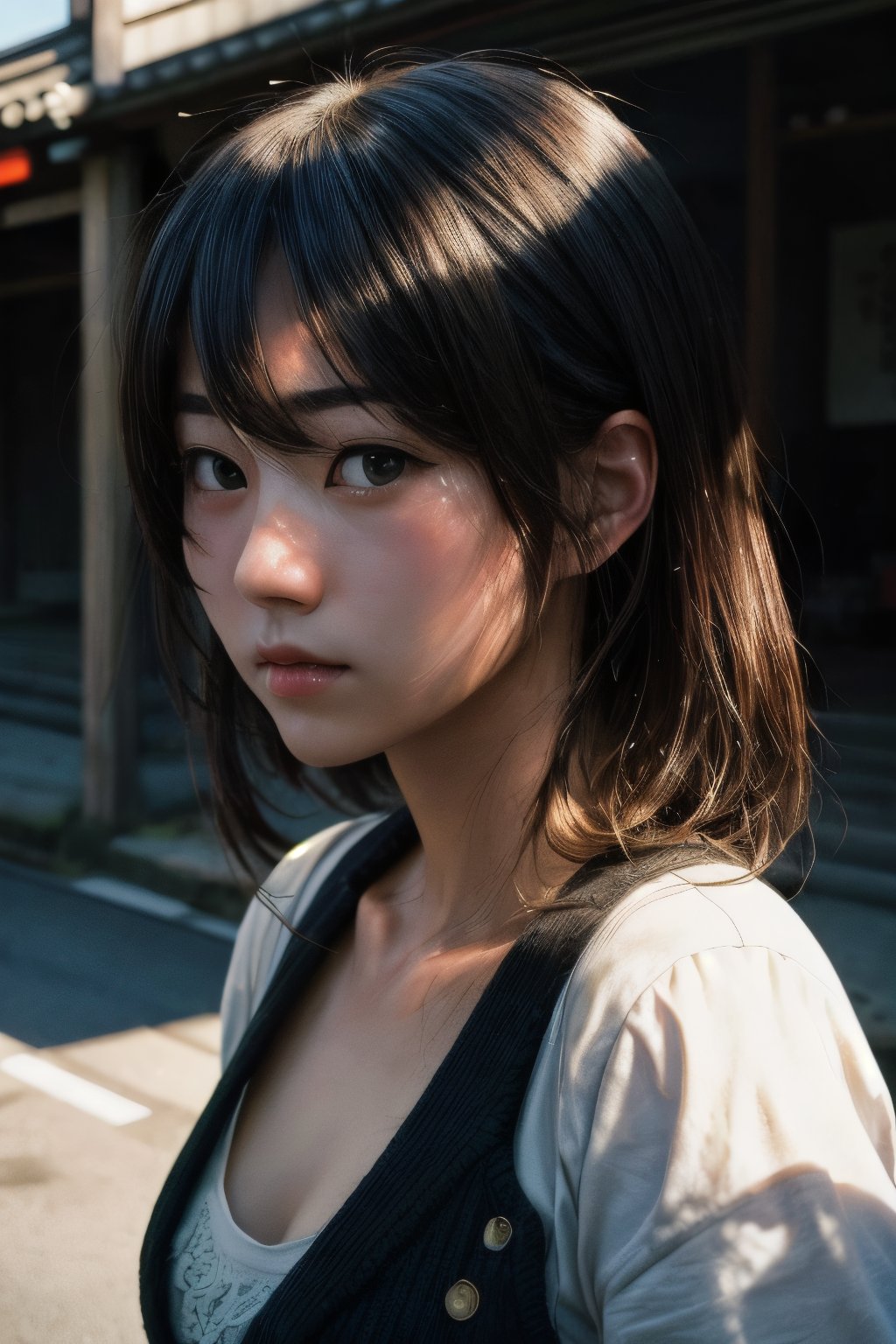 realistic,portrait,sunlight,shadow,japaness,sexy,girl,messy hair,light,outdoor,detailed,real skin,lightshapes,anime,masterpiece,korean girls