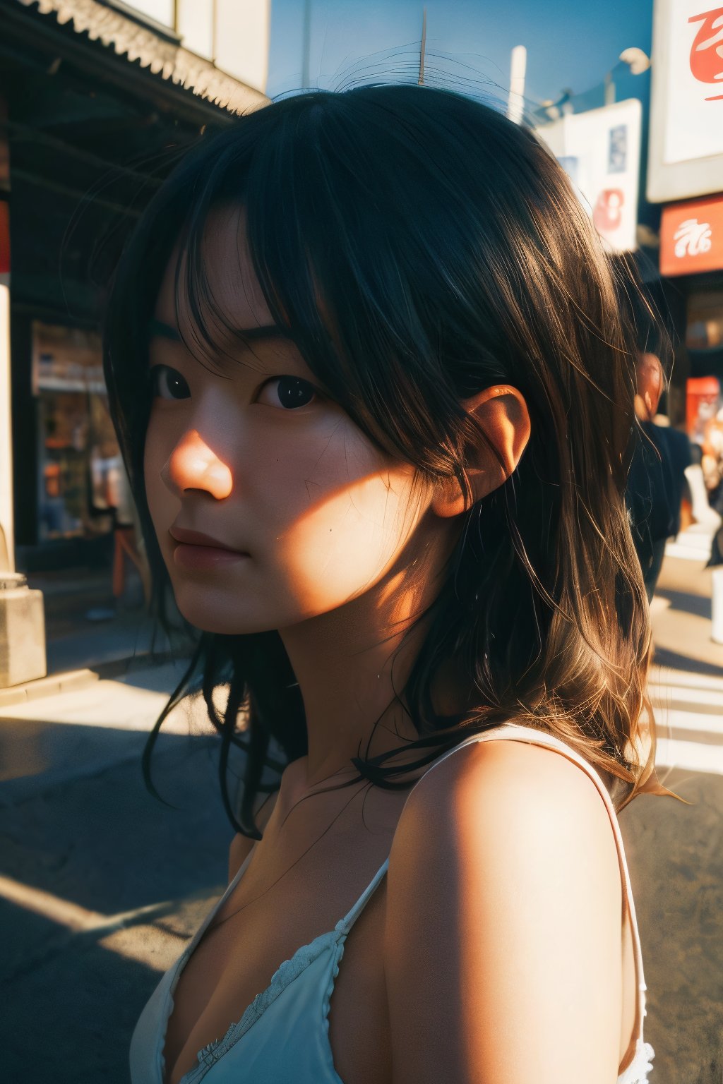 realistic,portrait,sunlight,shadow,japaness,sexy,girl,messy hair,light,outdoor,detailed,real skin,lightshapes,anime,masterpiece