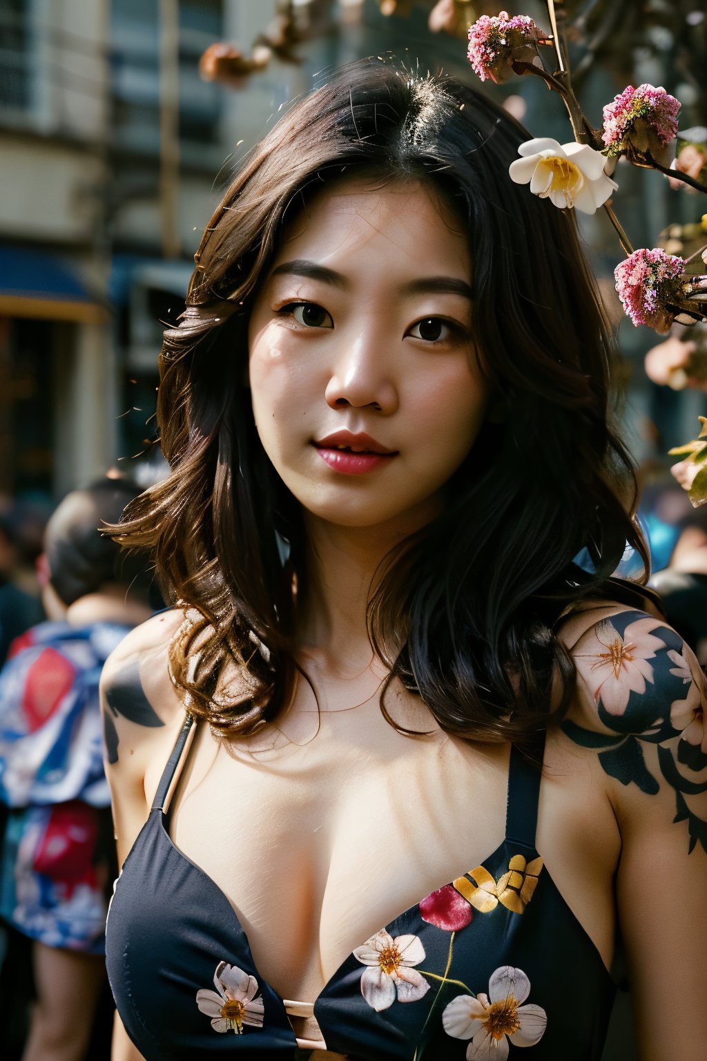 portrait,woman, flower dress, colorful, darl background,flower armor, good anatomy, best quality, (((masterpiece))), high quality, realist, best detailed, details, realist skin, skin detailed, underboobs, tatoos,art,oraku-b-w,Masterpiece