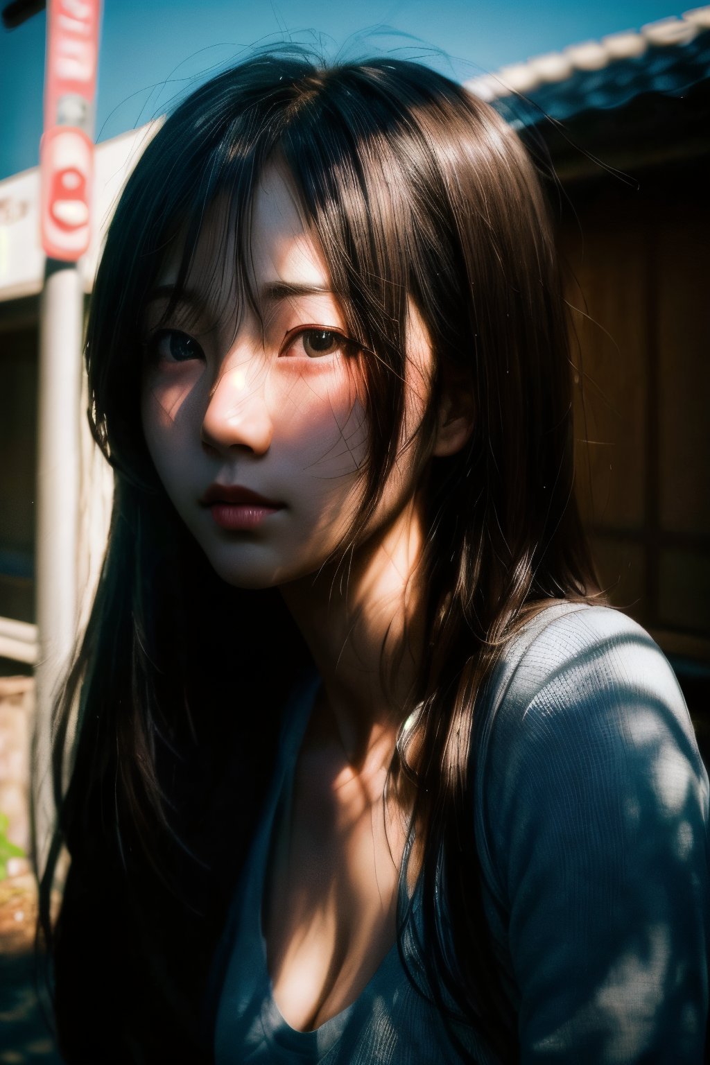 realistic,portrait,sunlight,shadow,japaness,sexy,girl,messy hair,light,outdoor,detailed,real skin,lightshapes,anime,masterpiece,korean girls