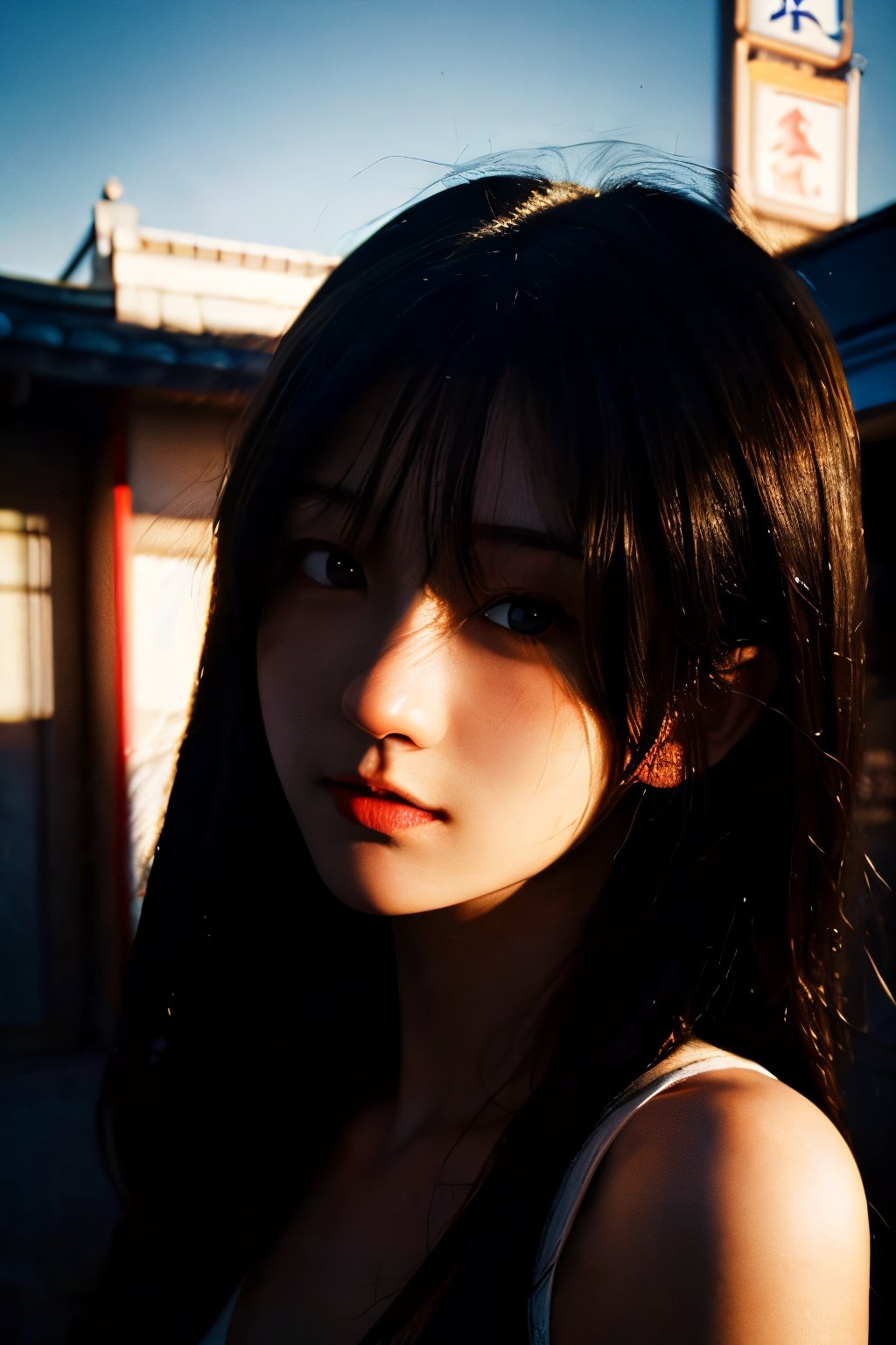 realistic,portrait,sunlight,shadow,japaness,sexy,girl,messy hair,light,outdoor,detailed,real skin,lightshapes,anime,masterpiece,korean girls