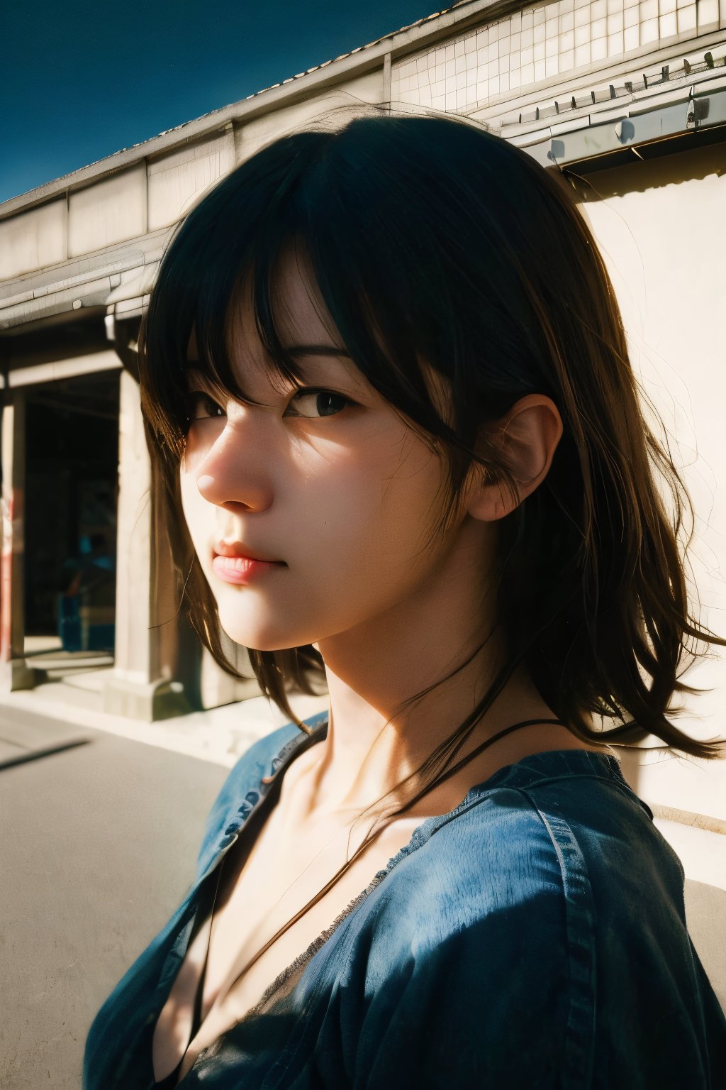 realistic,portrait,sunlight,shadow,japaness,sexy,girl,messy hair,light,outdoor,detailed,real skin,lightshapes,anime,masterpiece