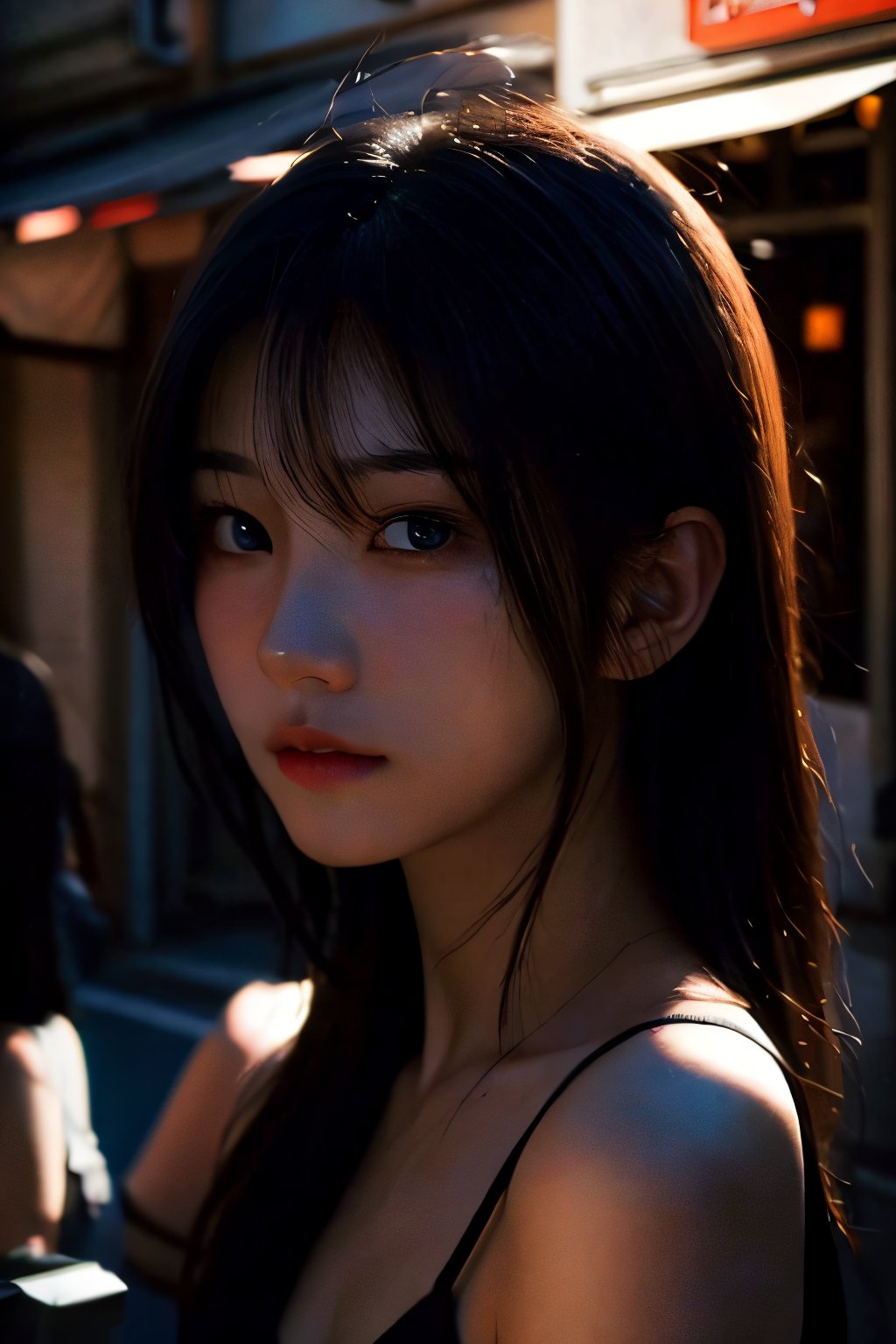 realistic,portrait,sunlight,shadow,japaness,sexy,girl,messy hair,light,outdoor,detailed,real skin,lightshapes,anime,masterpiece,korean girls