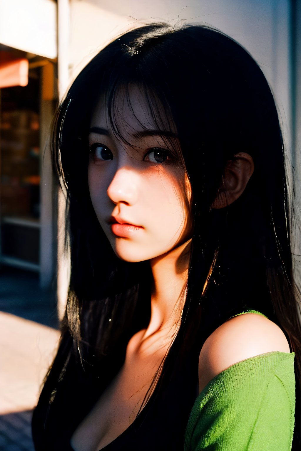 realistic,portrait,sunlight,shadow,japaness,sexy,girl,messy hair,light,outdoor,detailed,real skin,lightshapes,anime,masterpiece,korean girls