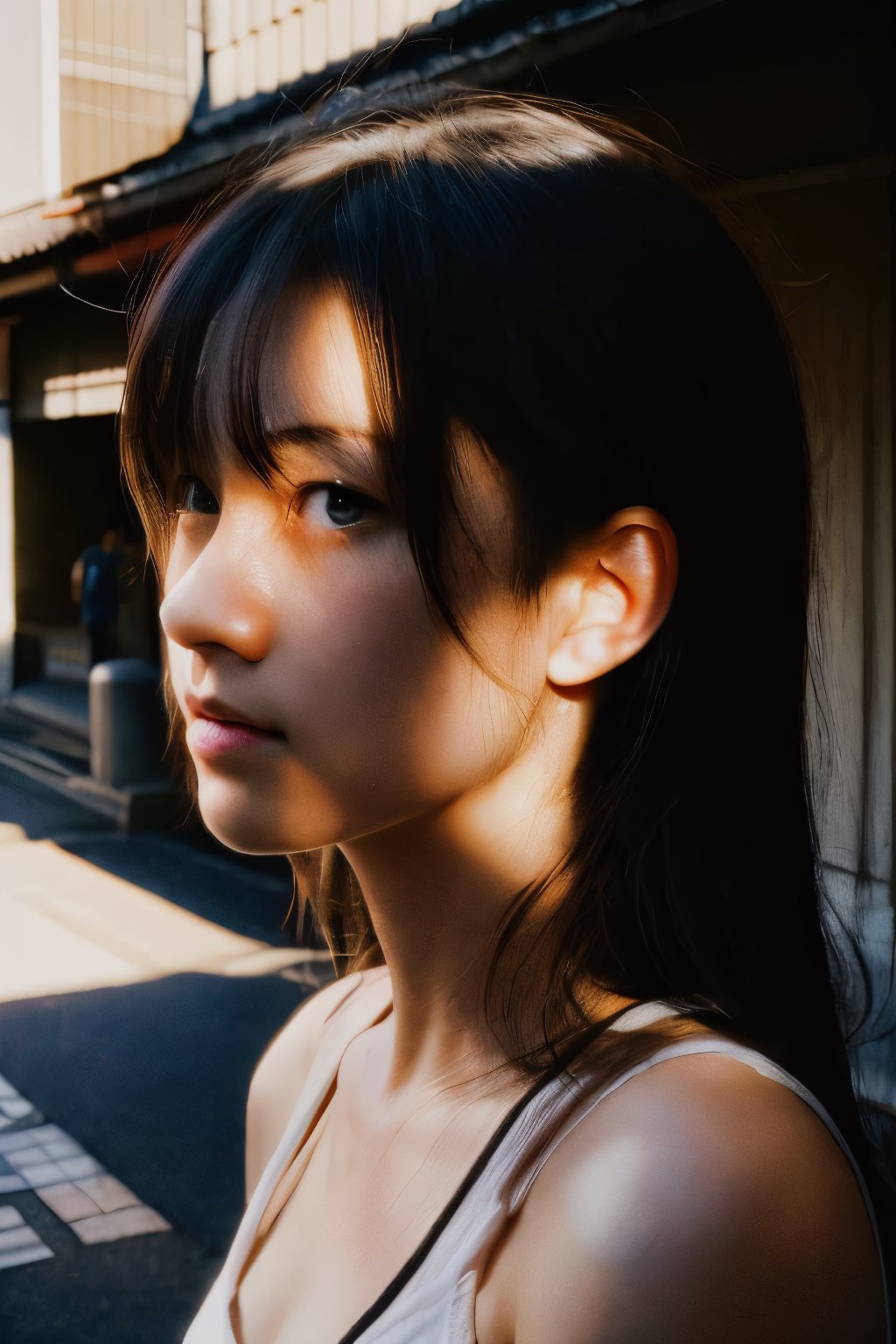 realistic,portrait,sunlight,shadow,japaness,sexy,girl,messy hair,light,outdoor,detailed,real skin,lightshapes,anime,masterpiece