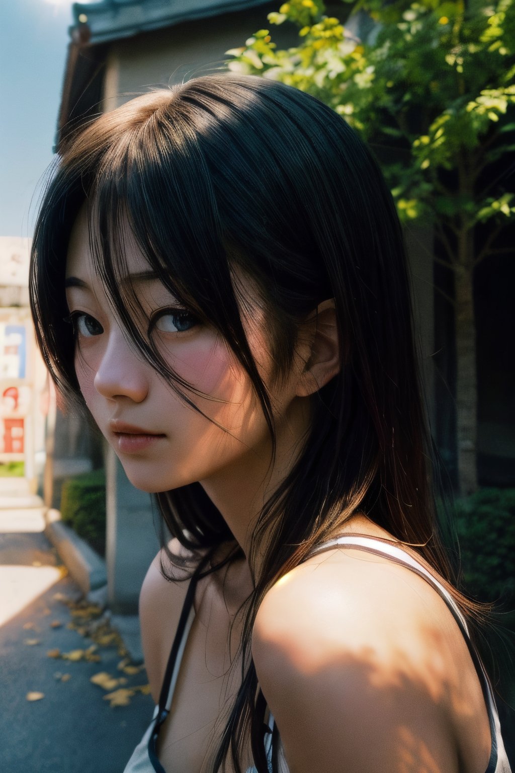 realistic,portrait,sunlight,shadow,japaness,sexy,girl,messy hair,light,outdoor,detailed,real skin,lightshapes,anime,masterpiece,korean girls