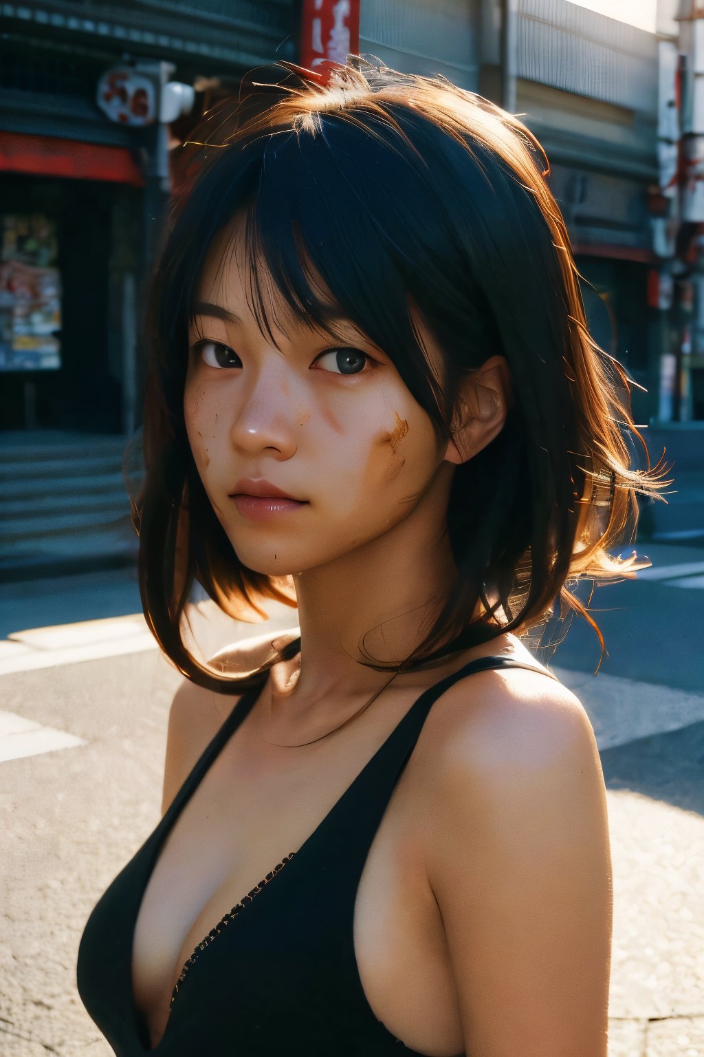 realistic,portrait,sunlight,shadow,japaness,sexy,girl,messy hair,light,outdoor,detailed,real skin,lightshapes,anime,masterpiece