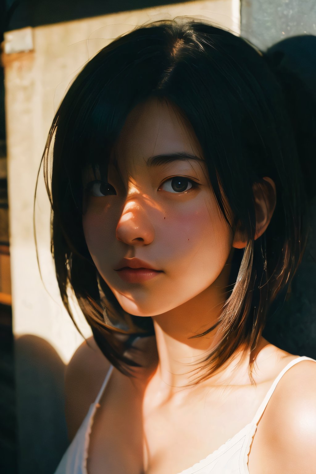 realistic,portrait,sunlight,shadow,japaness,sexy,girl,messy hair,light,outdoor,detailed,real skin,lightshapes,anime,masterpiece