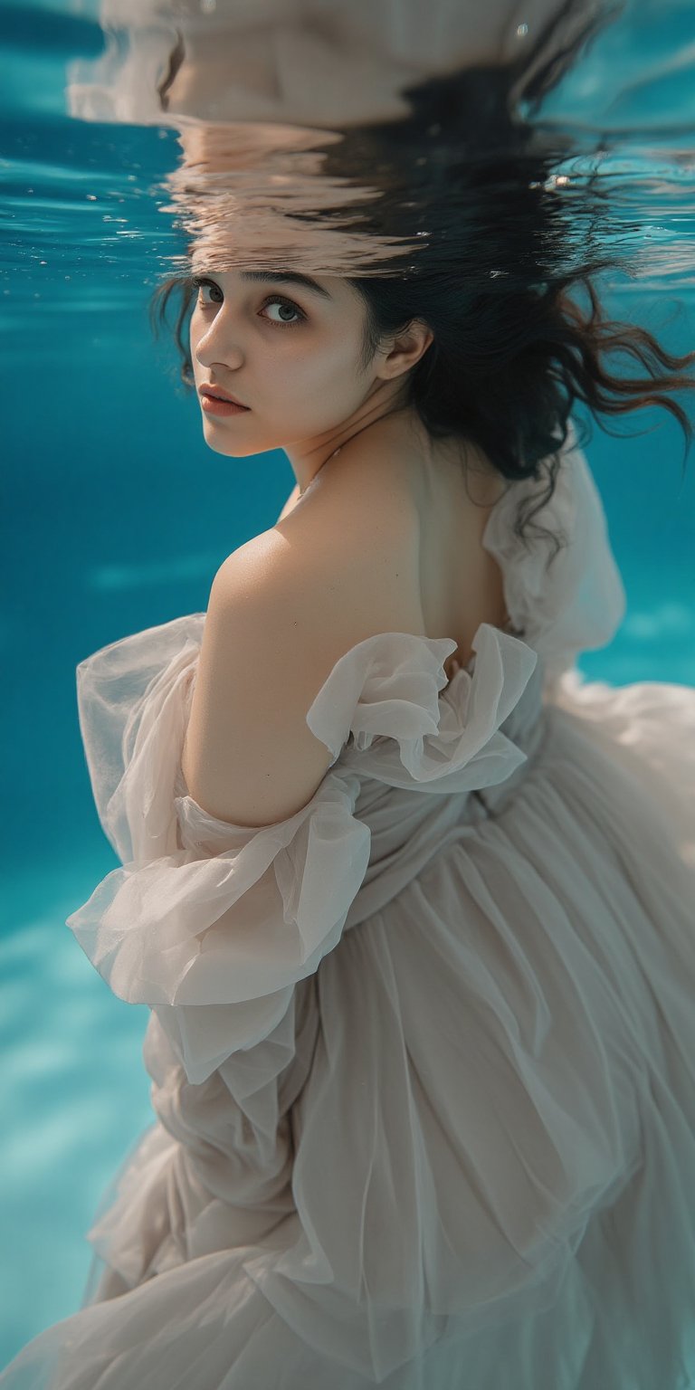 Ethereal shot of a woman submerged in a pool, her dress billowing around her as she poses underwater. Captured with a 35mm lens, her serene expression and flowing hair
give the image a dreamlike quality, while the lighting highlights her features in a surreal, captivating way, ek_ph0t0_b00ster