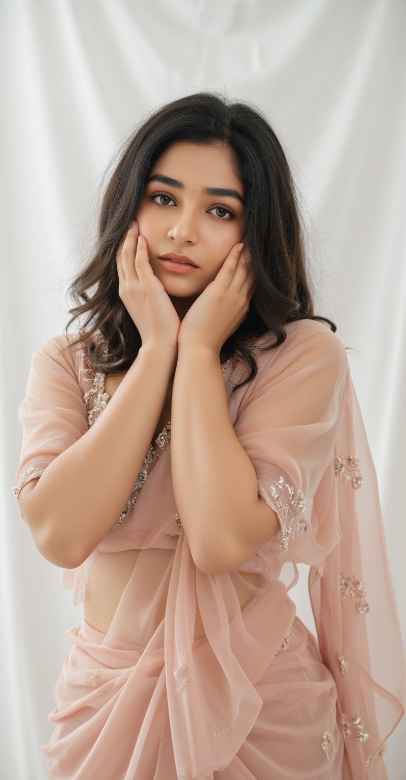 A glamorous portrait of a Tamil Nadu woman in a luxurious, sheer saree: The subject is a woman with long, voluminous dark hair styled in loose waves She wears a blush pink/champagne colored saree with intricate lace and embroidery details The saree is sheer and draped elegantly, revealing her midriff and shoulders Her makeup is polished with defined eyes and neutral lips She poses with both hands touching her face, framing it Her expression is sultry and confident, looking directly at the camera The lighting is soft and diffused, creating a dreamy atmosphere The background is plain white, putting full focus on the subject The overall aesthetic is glamorous, sensual and high-fashion The image has a warm, slightly desaturated color palette The composition emphasizes the intricate details of the saree and the model's pose, creating a striking and alluring portrait.photorealistic,Mallu,Girl,Indian,shraddha