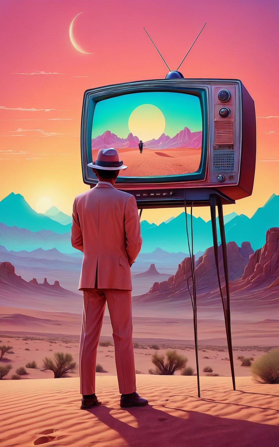 (best quality,8K,highres,masterpiece), ultra-detailed, (retro TV-headed man in the desert), a man with a retro TV for a head standing in the center of the desert. The scene is rendered in aesthetic pastel magical realism, evoking a dreamlike and surreal atmosphere. Despite the vintage photo style, the colors are soft and muted, with a gentle glow that adds to the enchanting ambiance of the desert landscape. The retro TV-headed man serves as a focal point, his presence both mysterious and intriguing against the backdrop of the vast desert expanse. Feel free to add your own creative touches to enhance the whimsical charm and ethereal beauty of this unique and imaginative scene