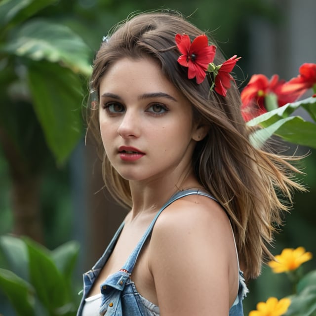 close hallf body eyes shoot cinematic film still (Raw Photo:1.3) of (Ultrarealistic:1.3) 1girl, blurry, blurry_background, crop_top, denim, denim_shorts, flower, hair_flower, hair_ornament, lips, long_hair, looking_at_viewer, midriff, navel, photorealistic, realistic, red_flower, short_shorts, shorts, solo,,Highly Detailed . shallow depth of field, vignette, highly detailed, high budget, bokeh, cinemascope, moody, epic, gorgeous, film grain,NylaUsha