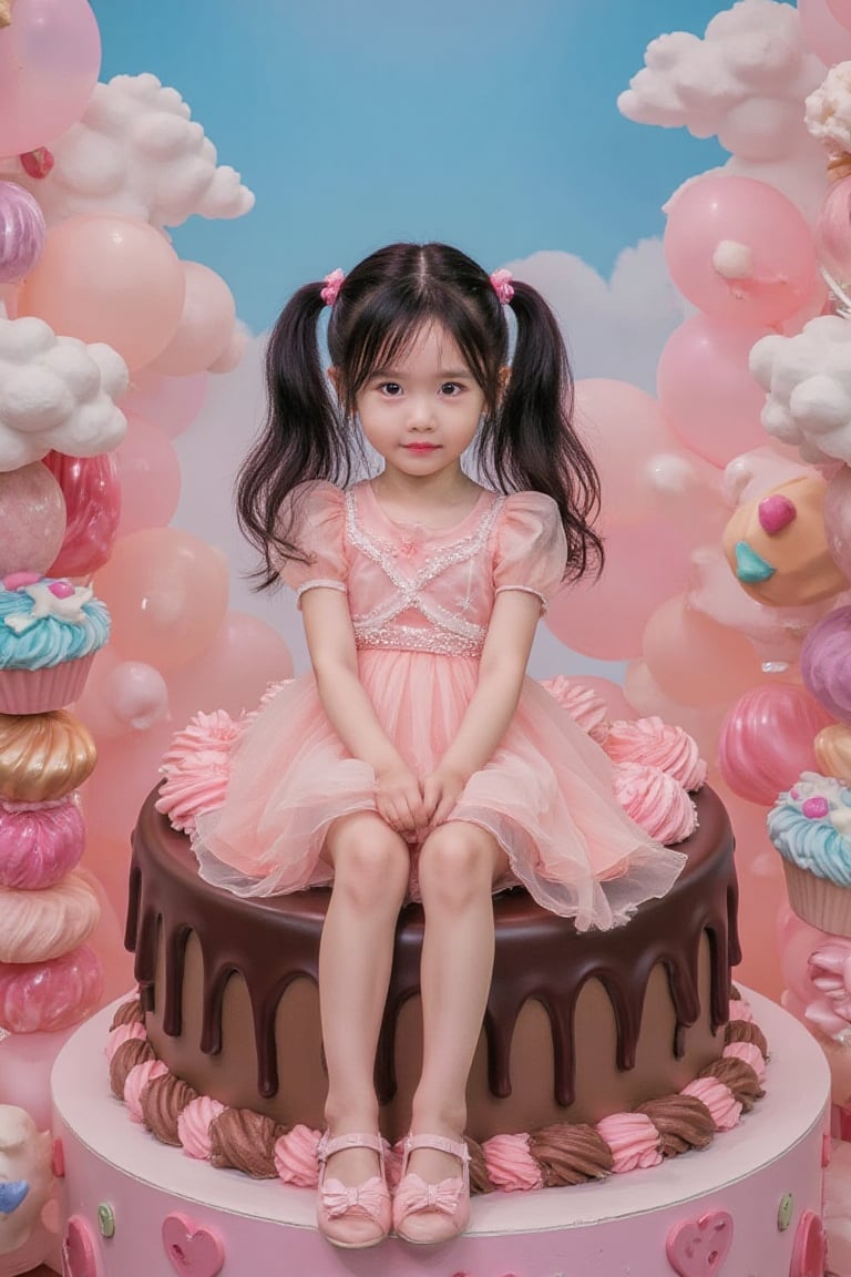 real photo, photorealistic, best quality, 8K, 4K,A 20yo girl with black hair tied in twin ponytails and big black eyes sits on a resin base shaped like a big chocolate cake, wearing a fluffy pink dress and matching bow shoes. The background is a vibrant candy and cake world filled with colorful clouds and a sunny sky. Framed by a soft focus, the subject's tender features are bathed in warm golden lighting, with slight shadows highlighting her cheeks.