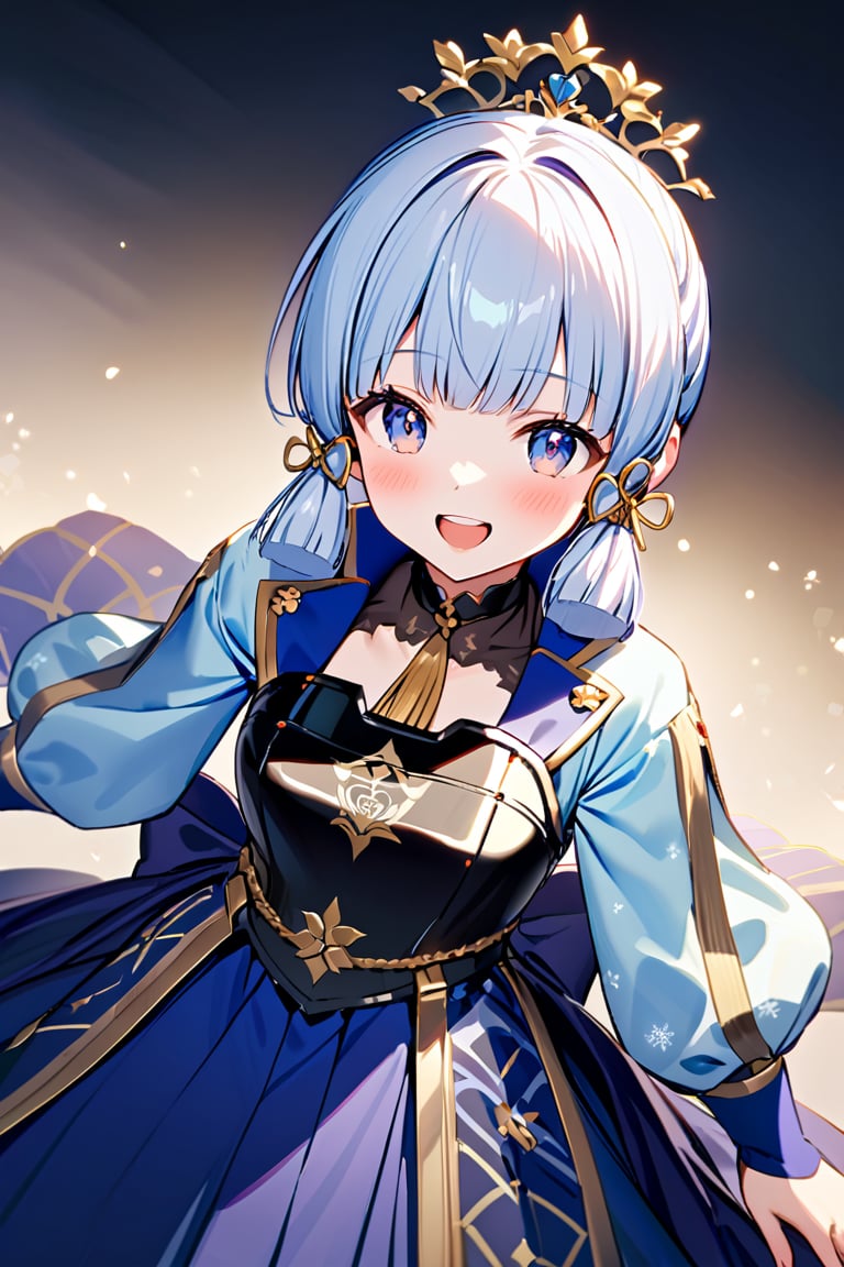 medium body, ayaka, long light blue hair, hair with bangs, open eyes, smile, open mouth, teeth, blush, Wears a royal blue skirt with a variety of patterns, Has a black breastplate, light blue sleeves night background, high quality , detailed resolution