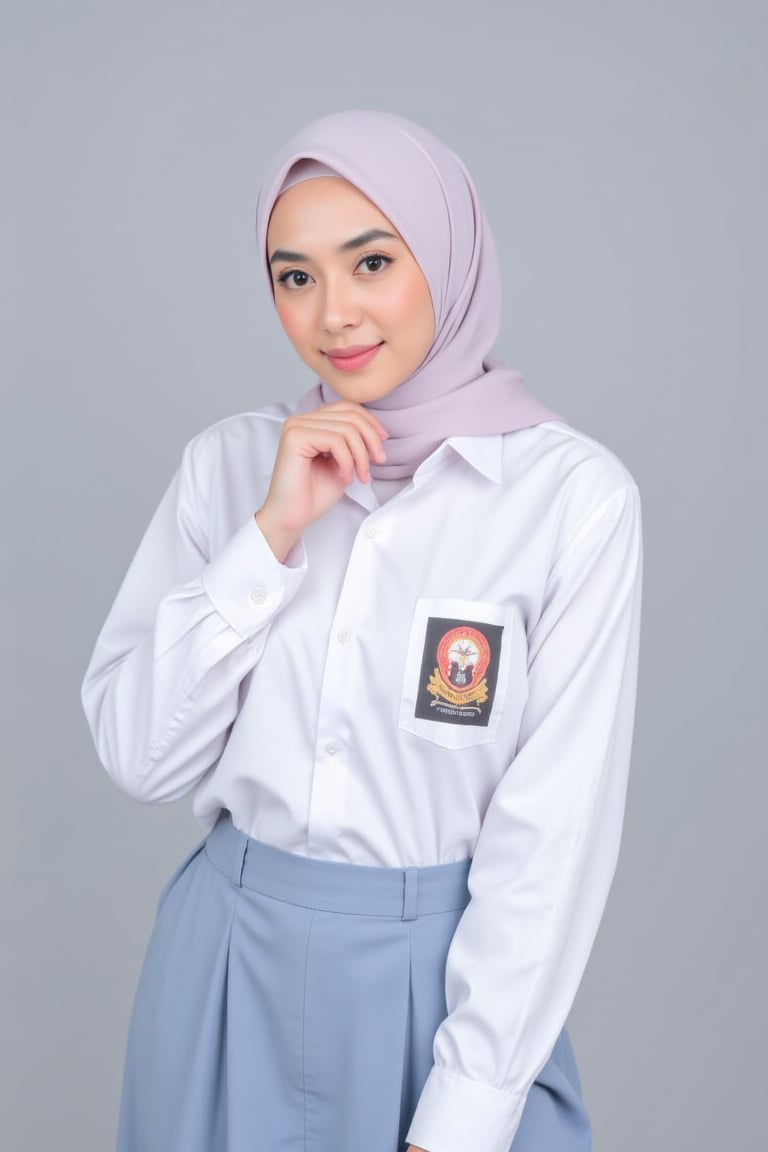 gladis,  potrait phoshoot,  white hijab wearing long_sleeves Seragam SMA by Slutty hijabers  on Tensor.Art