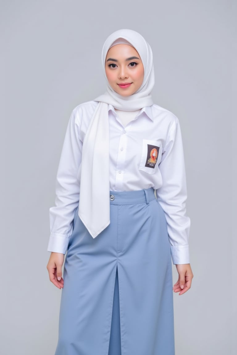 gladis,  potrait phoshoot,  white hijab wearing long_sleeves Seragam SMA by Slutty hijabers  on Tensor.Art