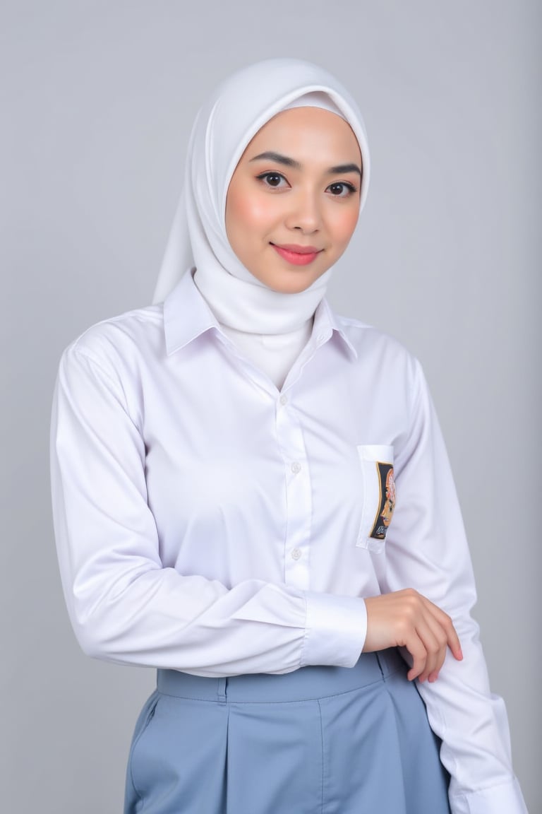 gladis,  potrait phoshoot,  white hijab wearing long_sleeves Seragam SMA by Slutty hijabers  on Tensor.Art