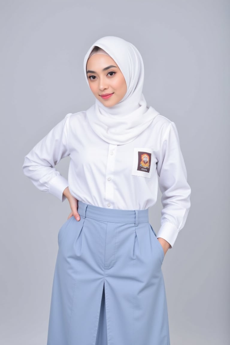 gladis,  potrait phoshoot,  white hijab wearing long_sleeves Seragam SMA by Slutty hijabers  on Tensor.Art