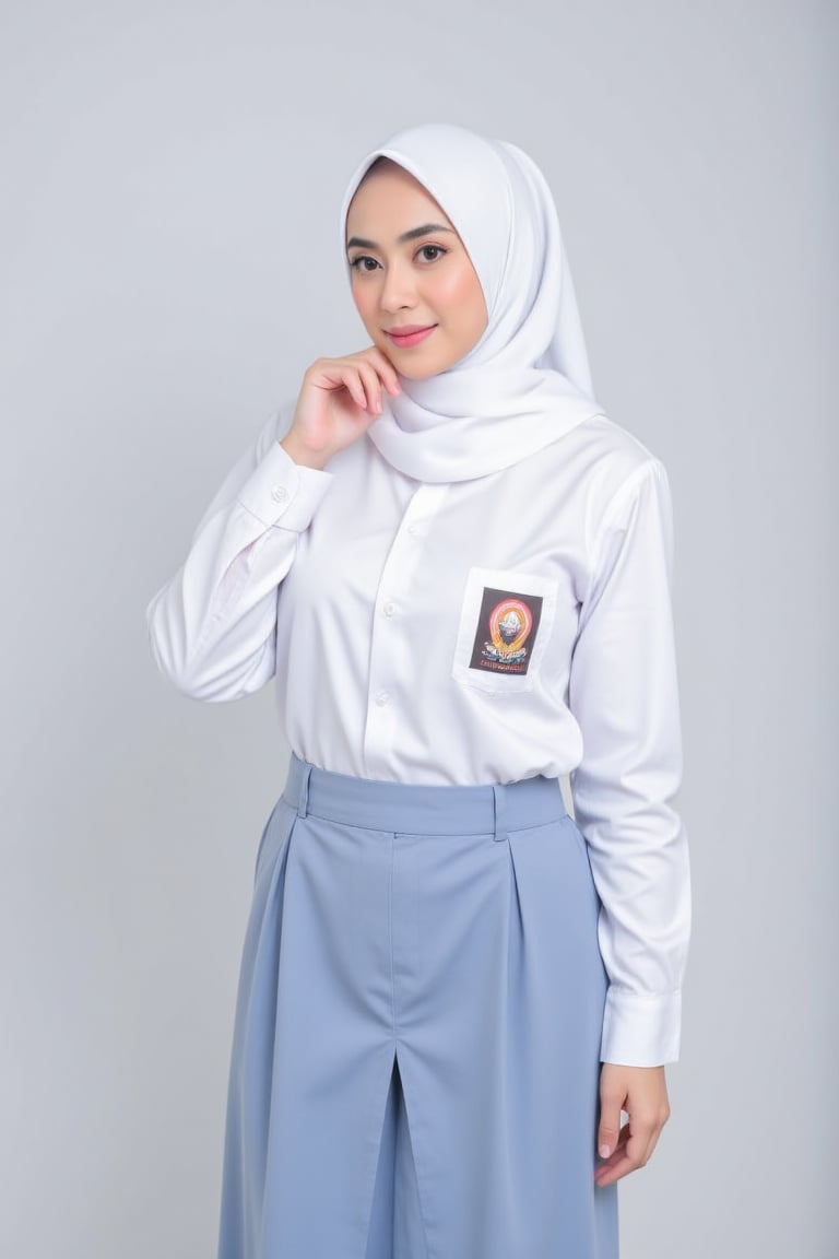 gladis,  potrait phoshoot,  white hijab wearing long_sleeves Seragam SMA by Slutty hijabers  on Tensor.Art