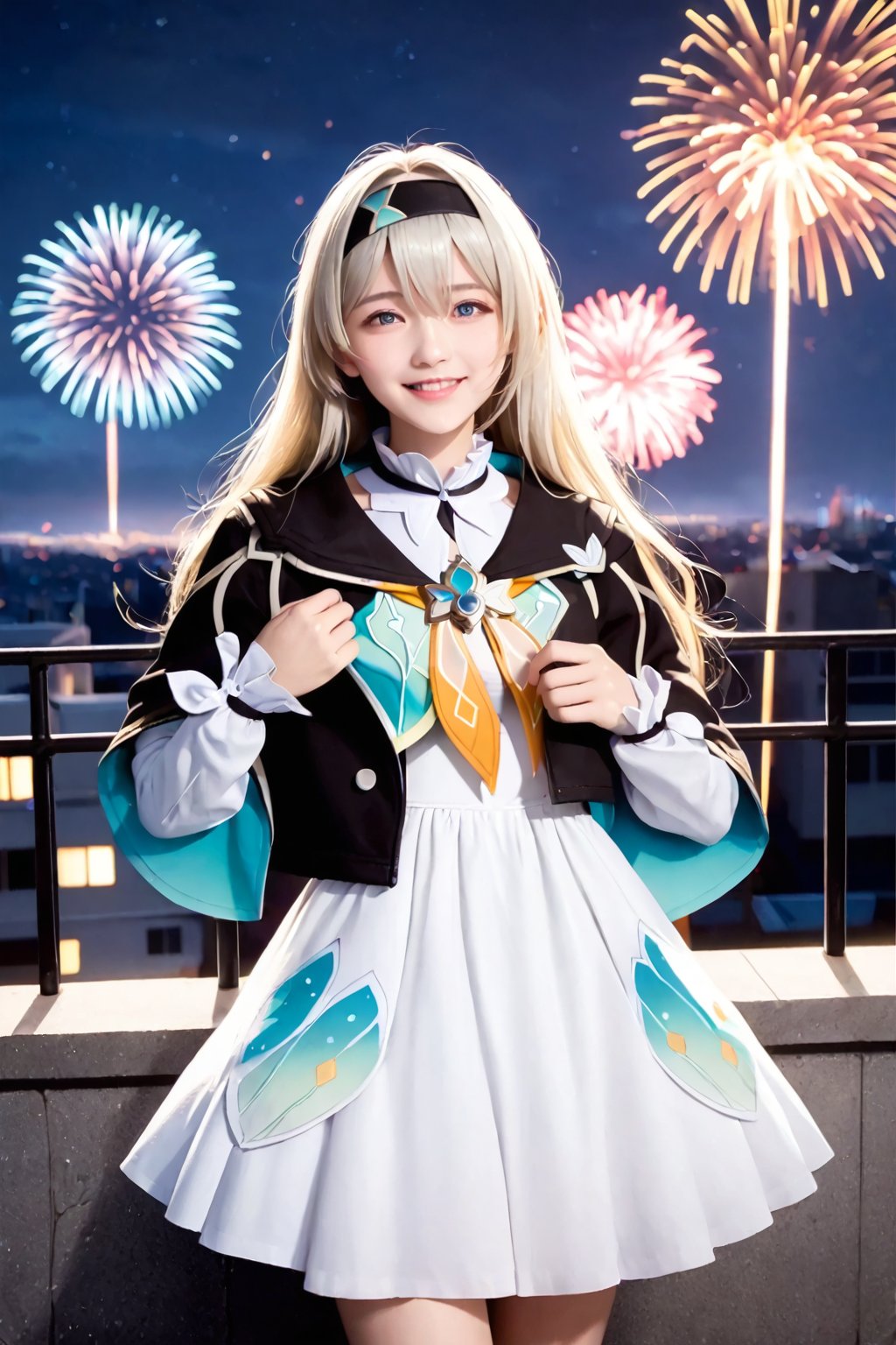 1girl, solo,(Best quality:1.0),(masterpiece:1.0),photorealism,cowboy shot,BREAK,jacket,white dress,long sleeves,white flower,headband,BREAK,rooftop,dark,nighttime,fireworks,smile,firefly \(honkai: star rail\)