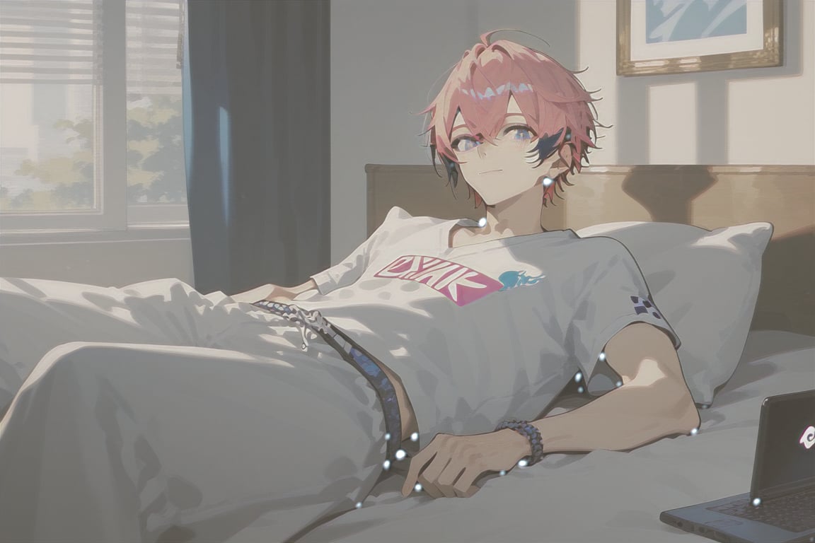 a shot of daily life,bedroom,single focus,25years old man,akagi_wen,best quality,amazing quality,SCORE_9,SCORE_8 UP,SCORE_7 UP,high resolution,pink_hair,multicolored hair,blue eyes,closed mouth