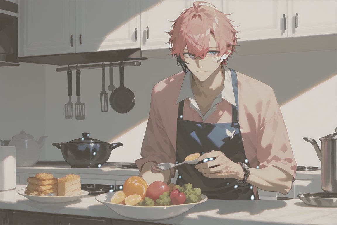 a shot of daily life,kitchen,single focus,25years old man,akagi_wen,best quality,amazing quality,SCORE_9,SCORE_8 UP,SCORE_7 UP,high resolution,pink_hair,multicolored hair,blue eyes,closed mouth