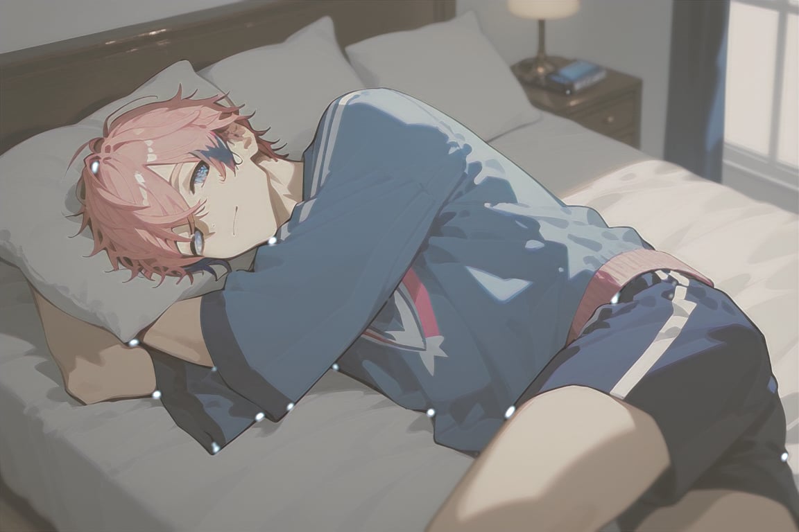 a shot of daily life,bedroom,man on bed,view from above,single focus,25years old man,akagi_wen,best quality,amazing quality,SCORE_9,SCORE_8 UP,SCORE_7 UP,high resolution,pink_hair,multicolored hair,blue eyes,closed mouth,sleeping wears,cowboy_shot