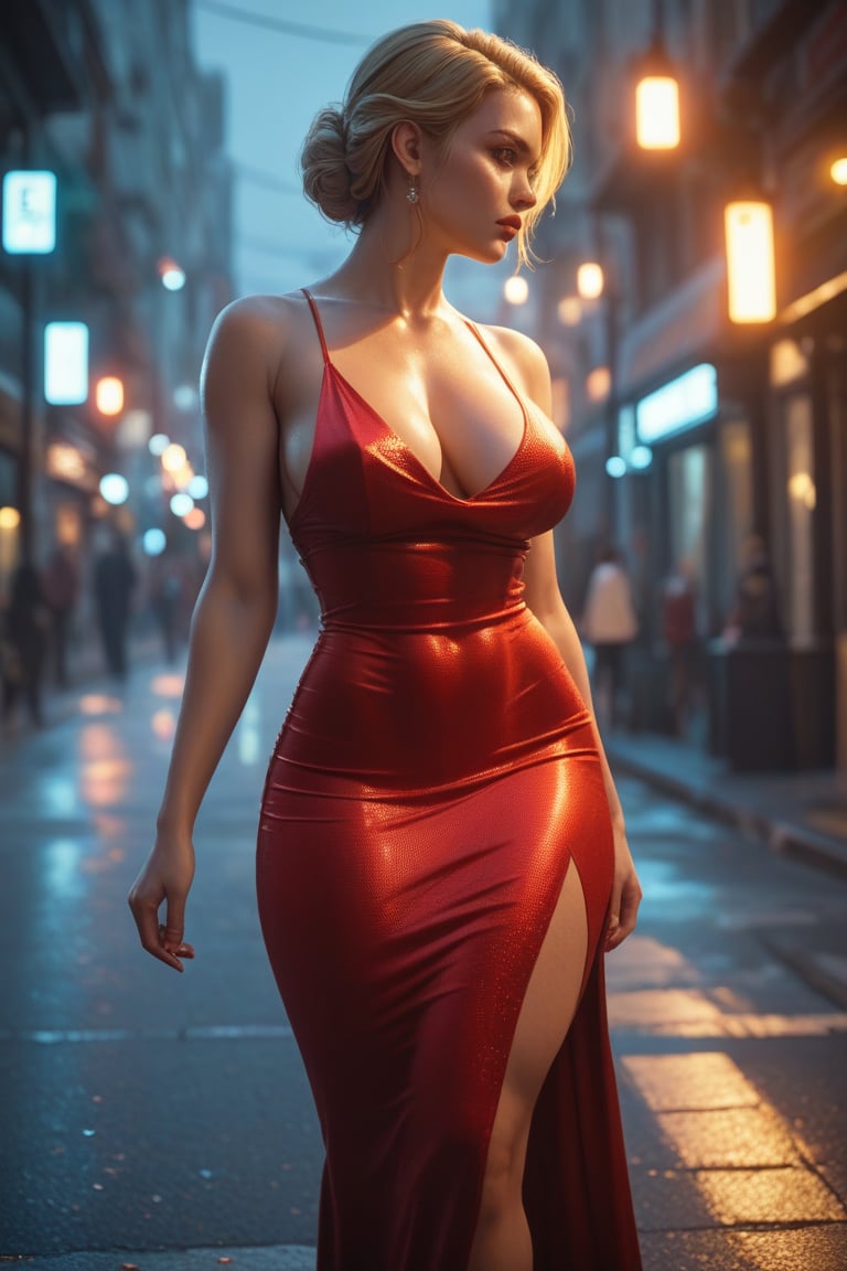 A busty blonde beauty looks away on a dimly lit city street at dusk,  her curves accentuated by a tight shiny reflective b...