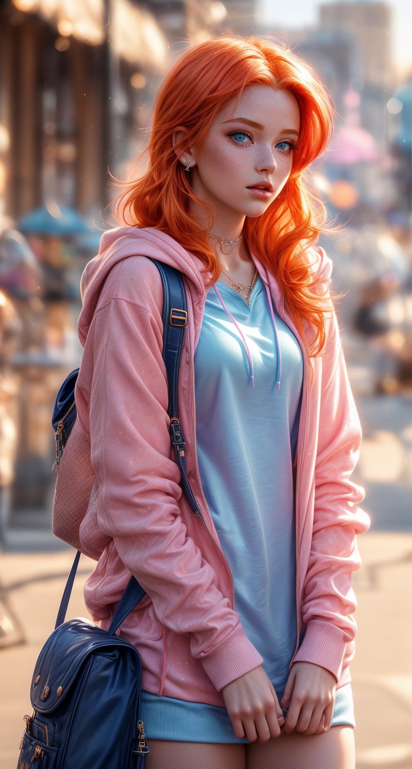 A whimsical shot of a young girl with vibrant orange locks and piercing blue eyes, perched atop a sleek ground vehicle, her upper body framed by the opened hood, highlighting her delicate features and sparkling jewelry. She wears a pink hoodie and multicolored outfit, her parted lips slightly puckered, and freckles scattering across her cheeks, as she gazes off-camera with subtle intensity, the blurred background showcasing a bag and backpack at rest amidst a warm, golden light.