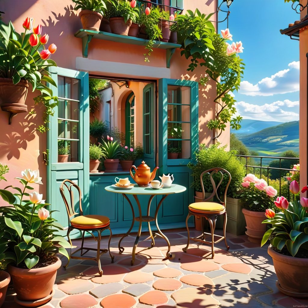 a miniature scene of a magical PROVENCE BALCONY with potted plants and chairs, plants and terrace, summer morning light, beautiful terrace, garden at home, summer EVENING light, brilliant EVENING light, afternoon light, afternoon sun, garden environment, cozy place, lush flowers outdoors, afternoon light, ivy, bonsai, roses, table, stool,lily, tulip, Round table with bread, cakes and teapot on the round table