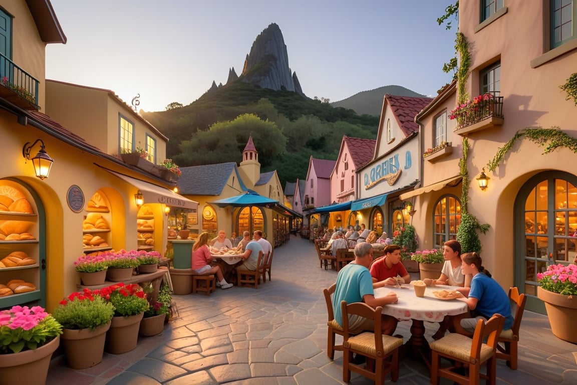 As the sun dipped below the horizon, the village has bakeries, bookstores, restaurants, flower pots and gardens, mountains and sea, the familiar sounds and sights. cartoonish disney, there is a boat, there are round tables outside the book shop, and people are sitting reading books