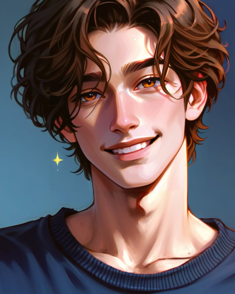 score_9, score_8_above, (1 man), artwork, best quality, high resolution, beautiful figure painting,  front view, hdr ,ultra quality, elegant, highly detailed,Wearing dark blue V-neck sweater,smile, dark black eyes,short hair,dark brown hair