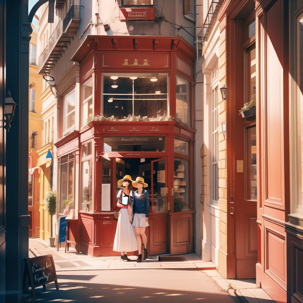 Masterpiece, Top Quality, High Definition, Artistic Composition, Two Girls, French Bakery, Shopping Inside, Old Building, Looking Away, Smiling, Casual Fashion, Bold Composition, High Contrast, Portrait