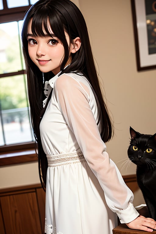 Score_9, score_8_up, score_7_up, BREAK source animation,
, miku, water brown hair, water black eyes, straight hair, long hair, 28-year-old girl, solo,
Black cat-eye eyeliner, white lace long-sleeved dress,
perfect eyes, solo, photo, detailed, sharp focus, innocent, indoor, front view, focused eyes, amazing background, smile