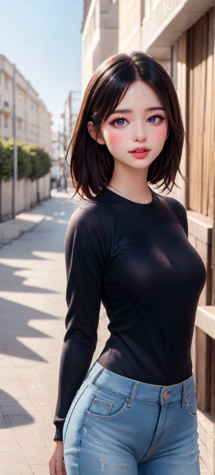 1girl,8k wallpaper,extremely detailed figure, amazing beauty, detailed characters, indoor,light black sweater and jeans, light and shadow, depth of field, light spot, reflection,upper body,nigth,street,Enhance,Eurasian,toothy smile,small breasts