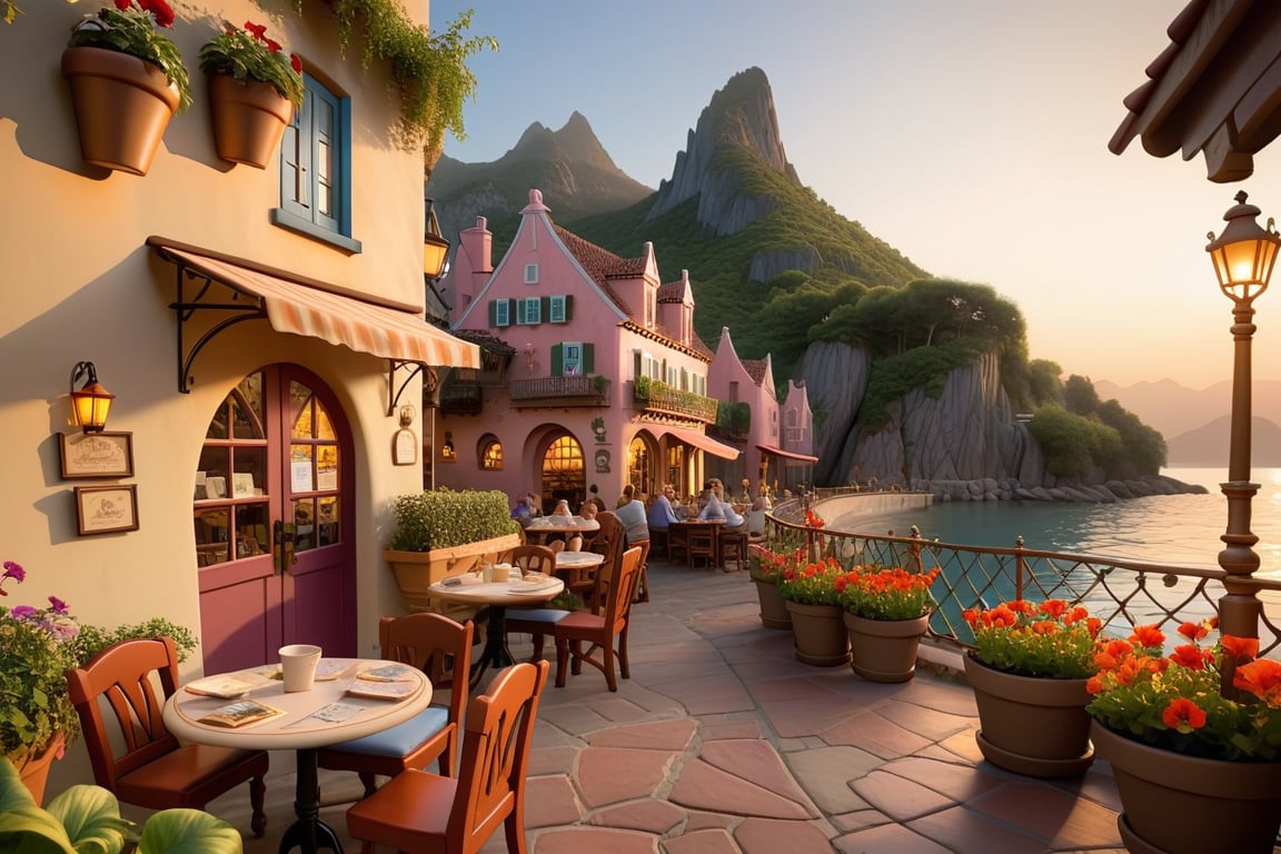 As the sun dipped below the horizon, the village has bakeries, bookstores, restaurants, flower pots and gardens, mountains and sea, the familiar sounds and sights. cartoonish disney, there is a boat, there are round tables outside the book shop, and people are sitting reading books