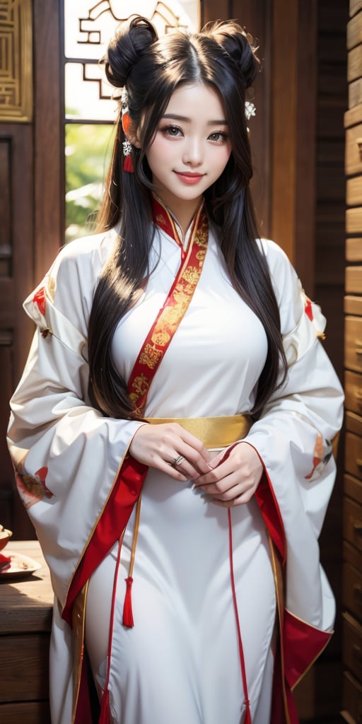 Wearing a Chinese fairy white one-piece Hanfu, Chinese dress hairstyle, Chinese jewelry,long hair, straight hair,smile,Long-sleeved shirt, one-piece Hanfu, immortal Hanfu