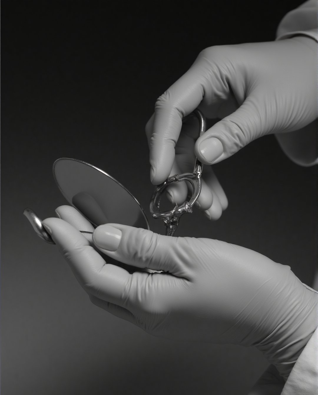 A crisp, black-and-white close-up of a dentist’s hands delicately holding dental tools, captured in Ansel Adams’ signature high-contrast style.

**Subject:** The dentist’s gloved hands are meticulously holding a mirror and a dental scaler, the fine detail of the metal tools sharply defined. The soft lighting reflects off the polished surfaces of the instruments, creating a beautiful contrast against the matte texture of the gloves, highlighting precision and care.

**Background:** The background fades into deep shadows and subtle grey tones, ensuring that the tools remain the focal point. Adams’ mastery of light and shadow gives the image a sense of professionalism and precision, perfect for showcasing the intricacy of dental work.

**Foreground:** The tools and hands are front and center, framed perfectly to emphasize the skill involved in dental care. The contrast between the sharpness of the metal and the softness of the gloves brings out the texture and attention to detail in this high-quality representation of dentistry.,Perfect Eyes,Detailed skin,Skin blemish