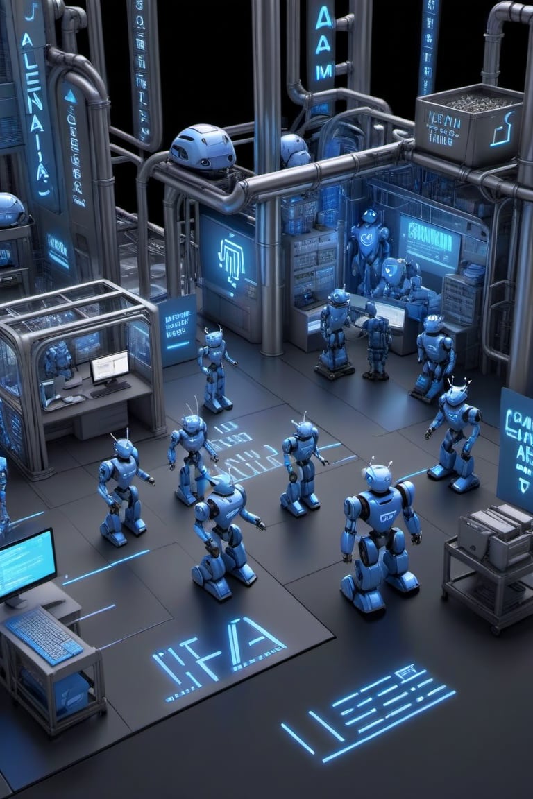 A futuristic digital landscape with a simple, dark gray background featuring a cluster of IA robots and computadoras. Amidst the metallic structures, three-dimensional text IA takes center stage, its glowing blue hue drawing attention to its prominent placement. The robots and machines surrounding it create a sense of industrial scale, while the focus remains on the bold, modern typography.