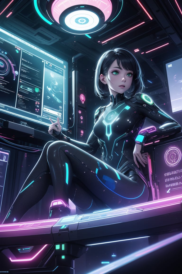 (masterpiece), 1girl, holographic interface, cyberpunk, hacker, medium black hair, green eyes, magic circle, hologram, terminal, holographic computer, light particles, light rays, futuristic setting, Sitting on the edge of a building, 
Her expression a mix of defiance and exhilaration. ,HologramCzar