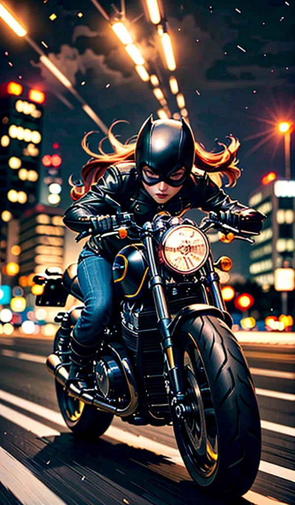 Black caferacer motorcycle driving high speed through the city (speeding), (slow motion: 1.3), (motion blur: 1.3), (speed line: 1.4), sense of speed, hot batgirl, glow eyes, red hair, denim short, sparks and tire smoke, cityscape background, camera on ground, high quality, high resolution, realistic details,Enhance,More Detail