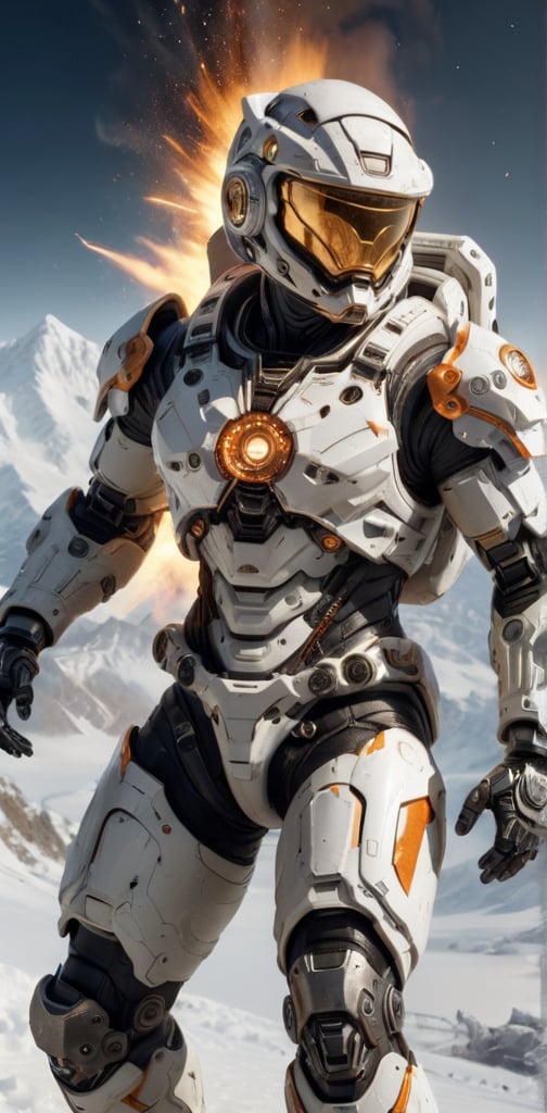 (best quality, 8K, high-resolution, masterpiece), ultra-detailed, The image shows an sleek high tech astronaut suit floating in a explosion fire snowy mountainat background, firing a weapon. The robot has a white body with dark orange accents and is equipped with a large white blaster. dynamic angle shot, cinematic, film lighting, dramatic, ultra quality, ultra realistic, sharp focus, studio lighting, remarkable color,bl1ndm5k,Nanosuit exoskeleton