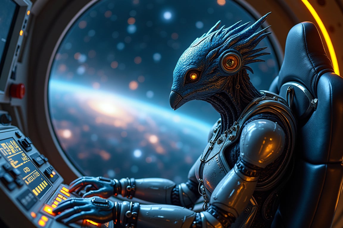 in space,  an alien bird-like creature wearing an intricate and advanced space suit operates the controls of a futuristic...