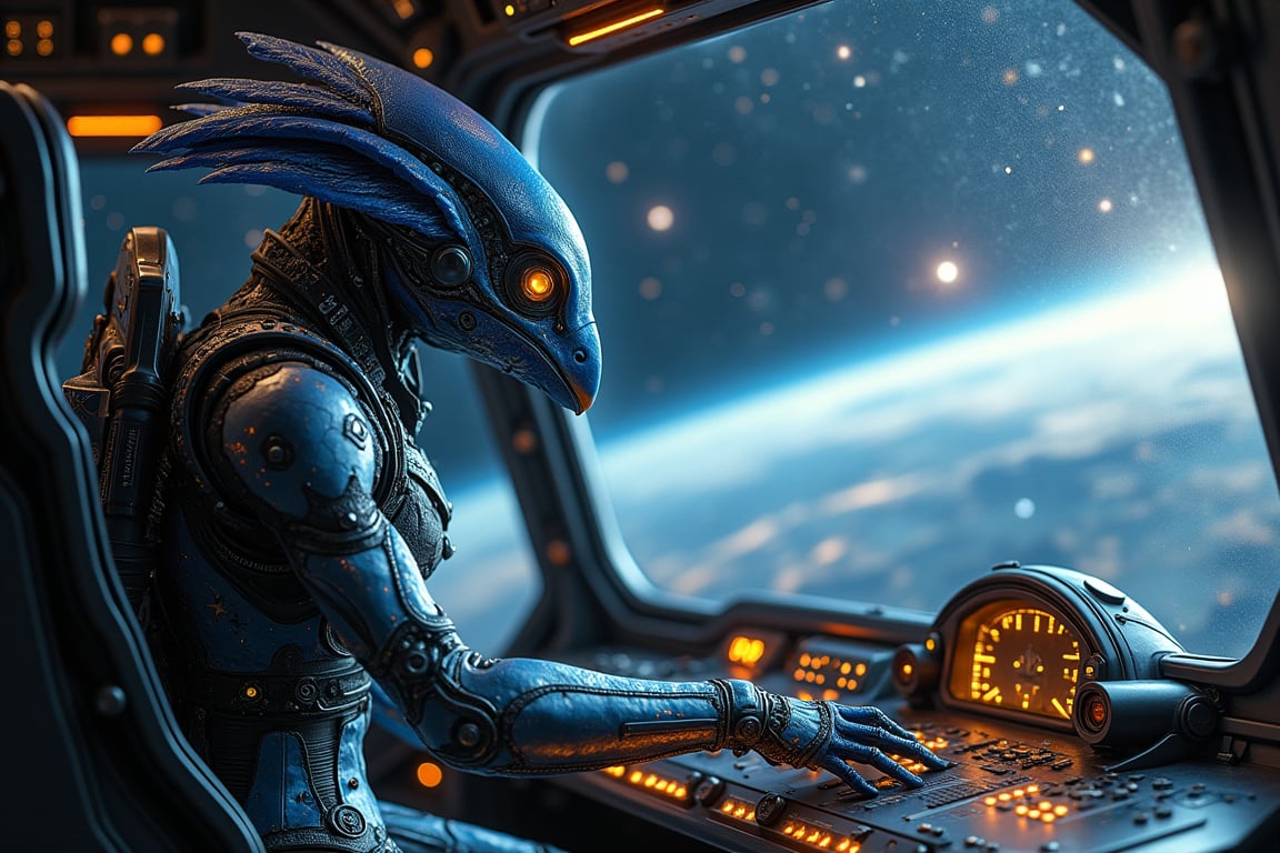 in space,  an alien bird-like creature wearing an intricate and advanced space suit operates the controls of a futuristic...